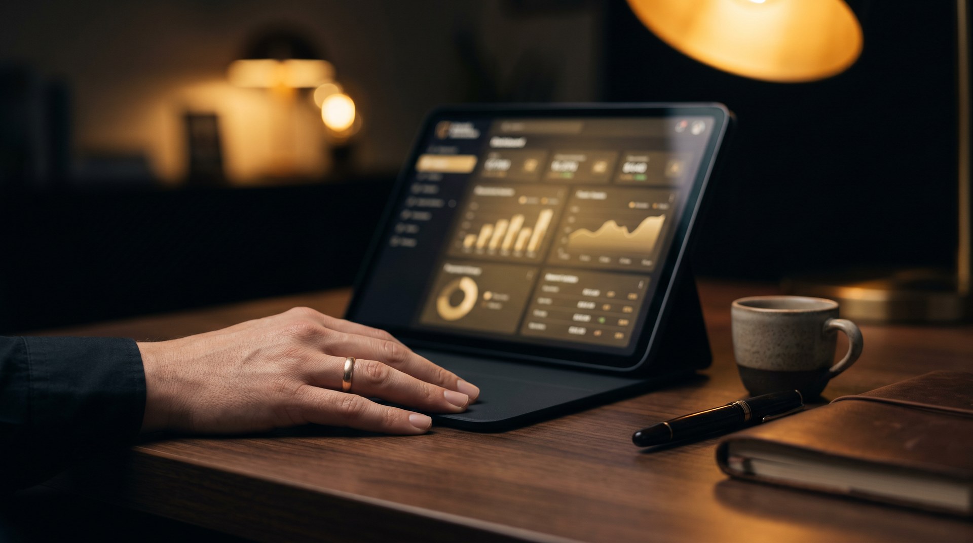 Practice owner's hands resting on the Alvero Flight Deck dashboard, viewing daily AR, holds, and same-day production at a glance.