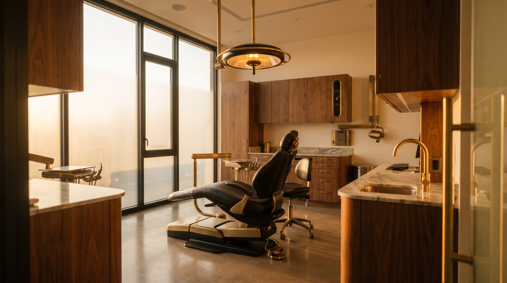 Modern dental operatory at golden hour, prepared by Alvero before the patient arrives — chart open, room set, ambient lighting warm.
