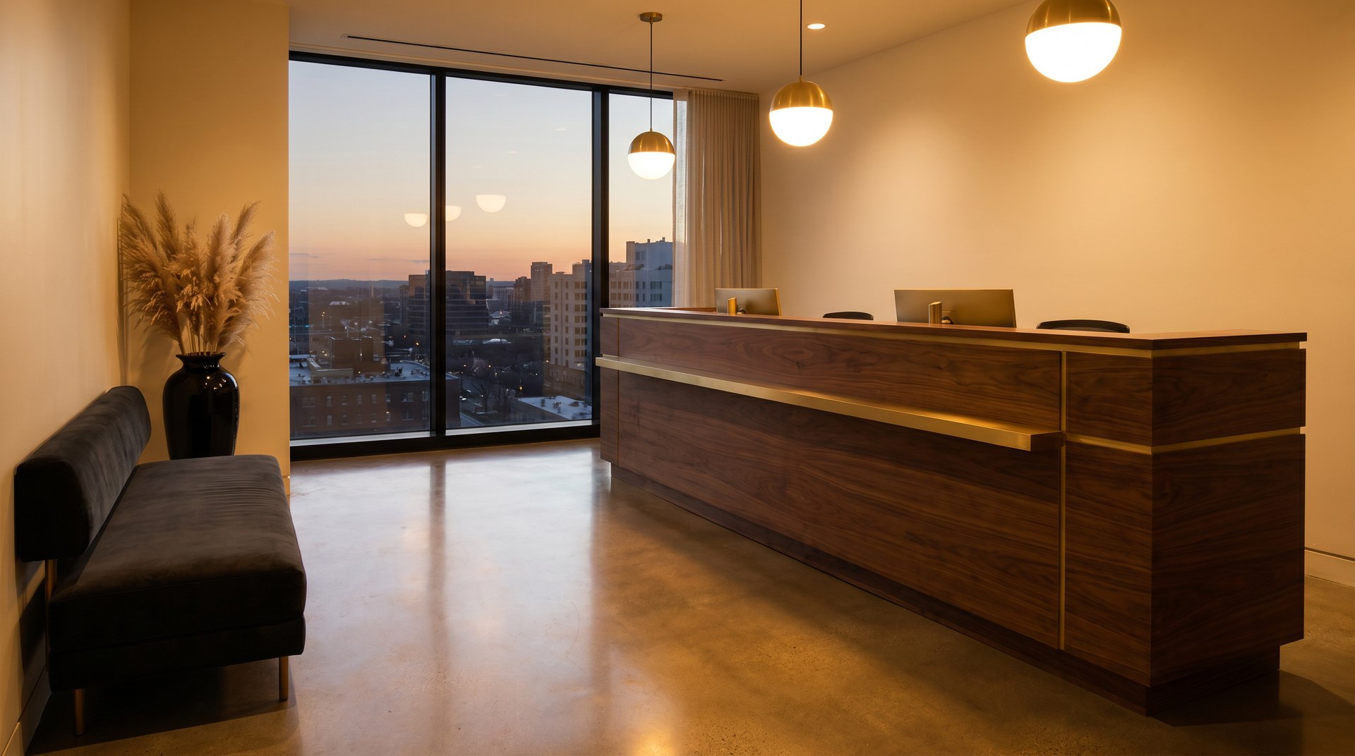 Warm dental practice reception at dusk, calm and ready — staff briefed by Alvero before doors open.
